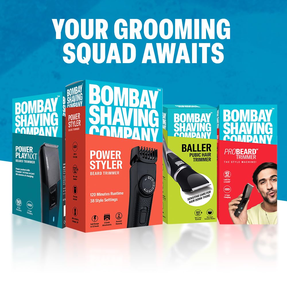 Bombay Shaving Company Power Play NXT Trimmer, 9 Weeks of trimming, 90 mins run time with Type C, 6 comb attachments, Self sharpening blades | Trimmer for Men