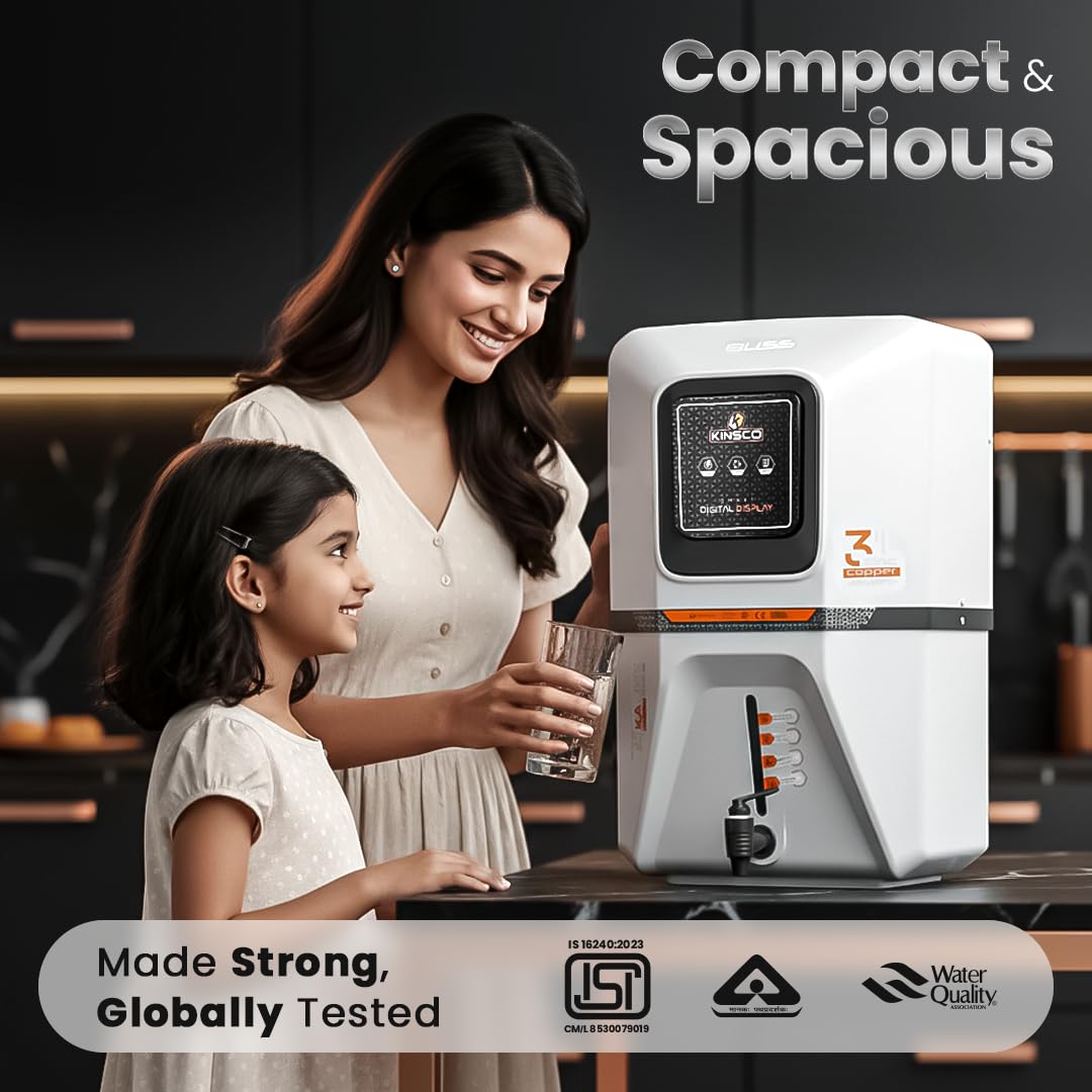 Kinsco Bliss 15L Alkaline RO+UV+UF Water Purifier with Copper & Zinc Cartridge | Smart Digital Display | Wall Mount Design | Gray | 2 Years Warranty | No Service Needed for 2 Years