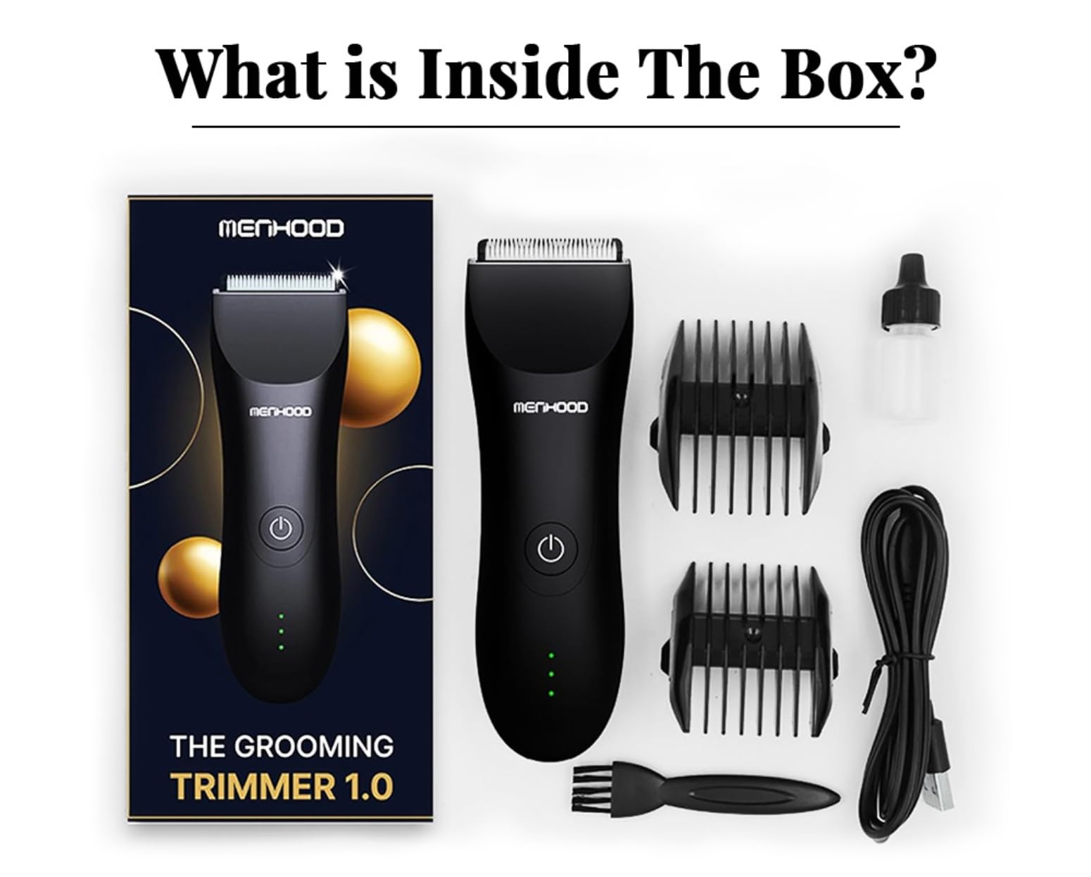 MENHOOD Trimmer 1.0 Waterproof Manscaping Body Ball Trimmer for Men Private Part Pubic Hair Groomer Ceramic Blade 4 Lengths (3/6/9/12mm) 150 Min Runtime Black