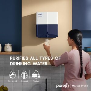 Pureit Marina Prime Mineral RO+MF | 6 stage Purification | 7 Litres Capacity | Up to 45% Water Saving | Suitable for Borewell, Tanker & Muncipal Water | Wall Mountable | Blue & white