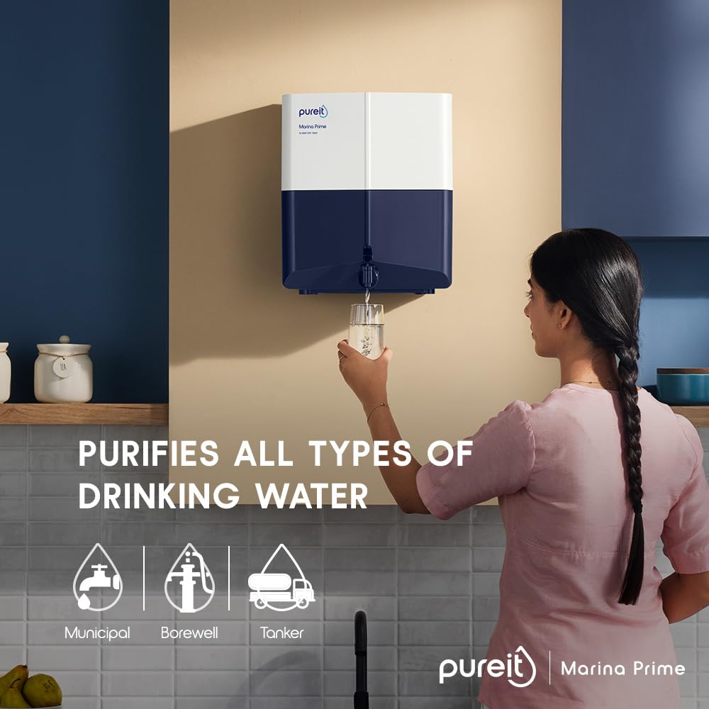 Pureit Marina Prime Mineral RO+MF | 6 stage Purification | 7 Litres Capacity | Up to 45% Water Saving | Suitable for Borewell, Tanker & Muncipal Water | Wall Mountable | Blue & white