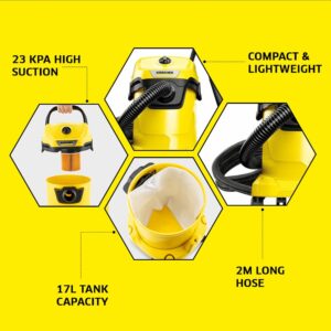 KARCHER Wd 3 V Wet & Dry Vacuum Cleaner, 23 kPa Suction Power, 17L Tank, 1000W Blower Function, Cartridge Filter & Fleece Filter Bag, for Home, Car & Furniture Cleaning, German Tech