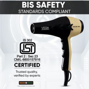 VEGA PROFESSIONAL Pro Dry 2000W Hair Dryer for Woman & Man | Blow Dryer for Women Cool Shot Button & Combination of 4 Heat & 2 Speed Settings, Gold, (VPVHD-04)