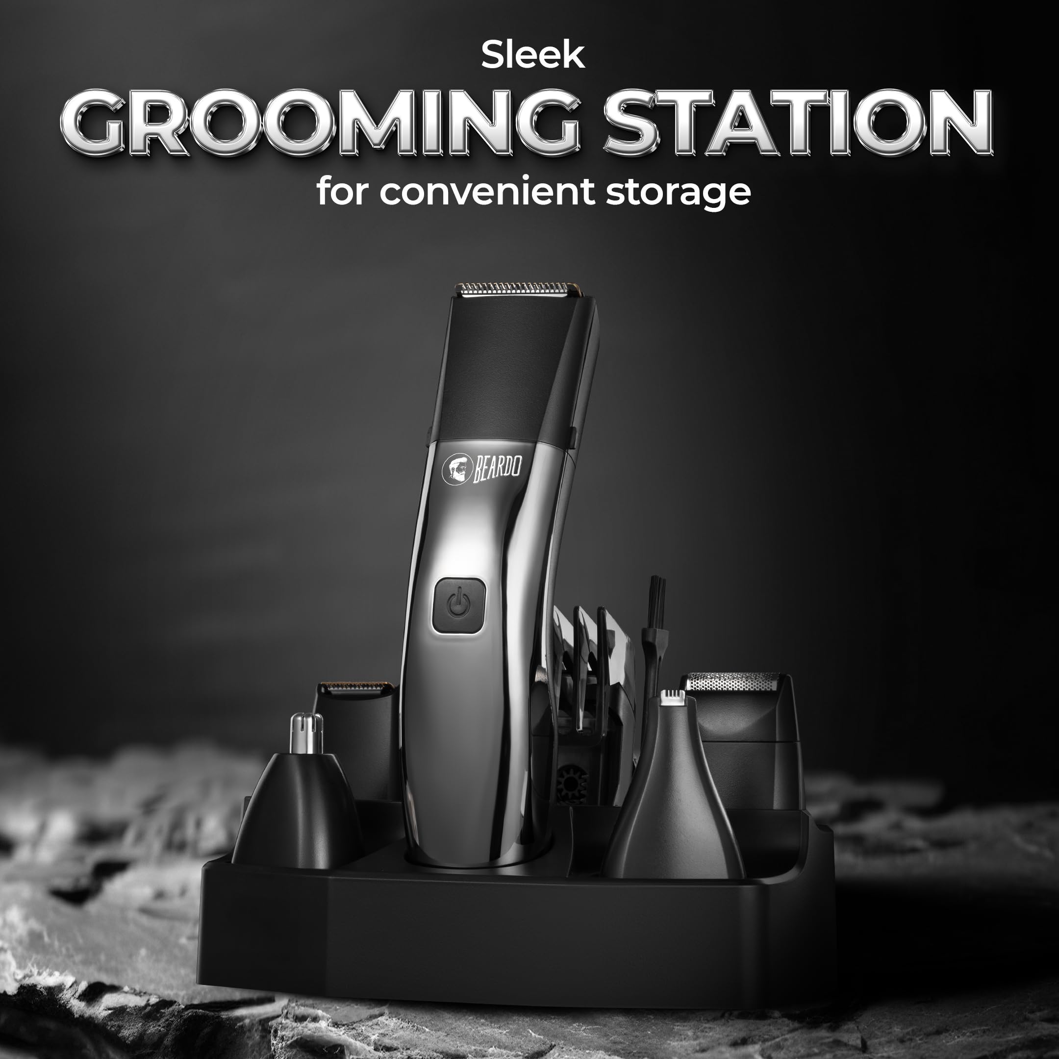 Beardo Chrome Beast Multipurpose Full Body Groomer Trimmer Set For Men | 40 Length Settings | 8 attachments | Beard/Hair/Body/Precision/Ear/Nose Trimmer|With Dock|90 min. run time | All-in-1 trimmer