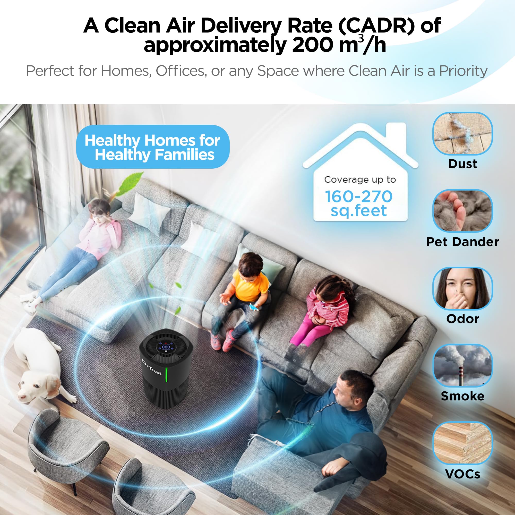 Dr Trust USA Zurich Portable Room Air Purifier, HEPA Filter UV 4 Stage Filtration & Air Quality Monitoring, Low Noise, 360° Air Inlet Removes 99.97% Pollutants Dust, Smoke, Bacterial Particles (Black)