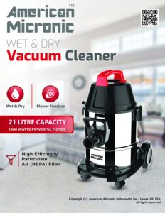 AMERICAN MICRONIC® 21 L Wet & Dry Vacuum Cleaner | 1600W 28KPa Powerful Suction | HEPA Filter | Blower Function | Stainless Steel Tank | Household & Car Cleaning