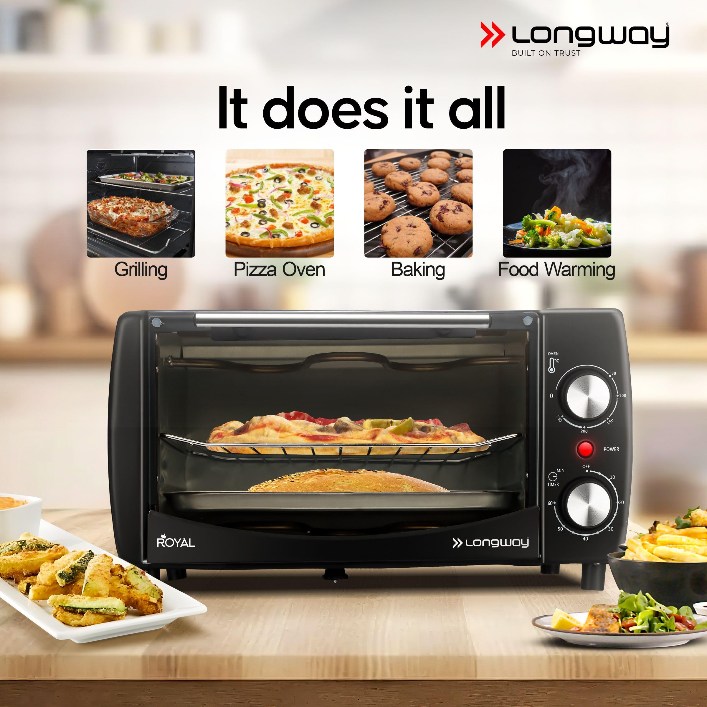Longway Royal OTG 12 Ltr Oven Toaster Griller with Heating Modes | Temperature Timer Control for Baking Pizza, Cake, Grilling Chicken & Toasting Bread|2 Years Warranty (1000 W, Black)
