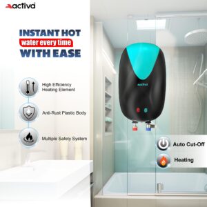 ACTIVA 3L Instant Water Heater Geyser 3kW ISI Copper Element 304L SS Tank Anti Rust Coating Auto Cut Off ABS Body BEE 5 Star Fast Heating Compact Bathroom Kitchen Use 5 Year Warranty Green Black