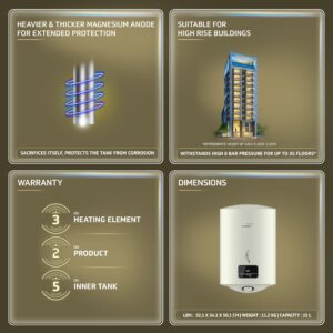 V-Guard Divino DG Geyser 15 Litre Water Heater with Digital Display | Suitable for Hard Water | BEE 5 Star Rating | Advanced 4 layered Safety | 5 Year Inner Tank Warranty by V-Guard